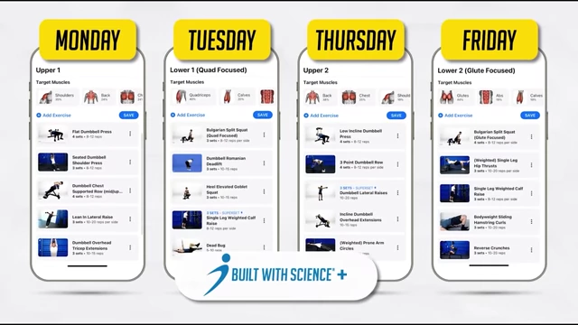 Dayton's 4-day-per-week dumbbell-only workout routine in the Built With Science+ app.