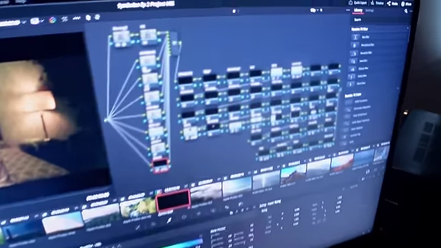 A complex DaVinci Resolve node tree on a monitor