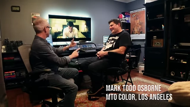 Darren Mostyn interviewing Mark Todd Osborne in his color grading studio