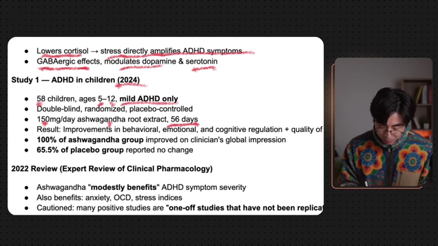 Ashwagandha study results showing 100% improvement in behavioral, emotional, and cognitive regulation in the treatment group.