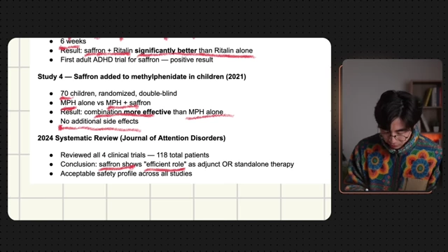 Saffron's efficacy as an adjunct or standalone therapy, showing significant improvement when combined with Ritalin.
