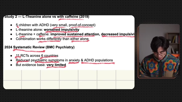 L-Theanine's contrasting effects: worsening impulsivity alone but improving attention and reducing impulsivity when combined with caffeine.