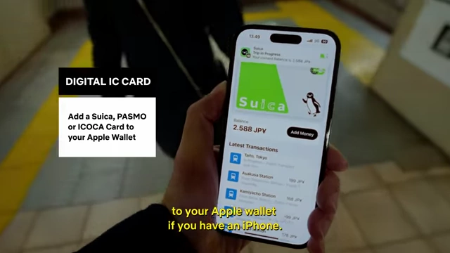 An image of a smartphone displaying a digital Suica IC card in Apple Wallet, showing current balance and recent transactions.