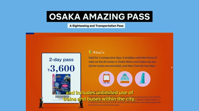 A graphic outlining the Osaka Amazing Pass, showing a 2-day pass for ¥3,600 and detailing its benefits for unlimited train and bus rides in Osaka and access to various attractions.