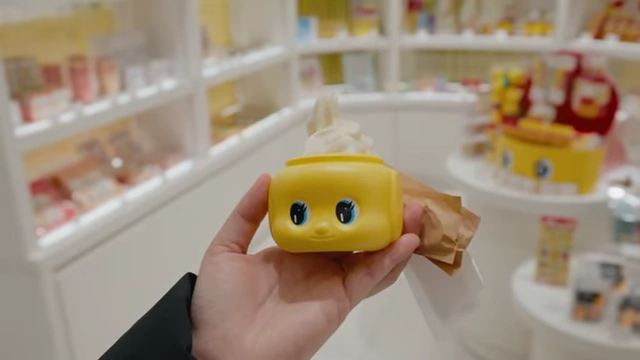 A hand holding a small yellow doll-head-shaped container with vanilla soft serve ice cream, an offering from the Fueki shop.