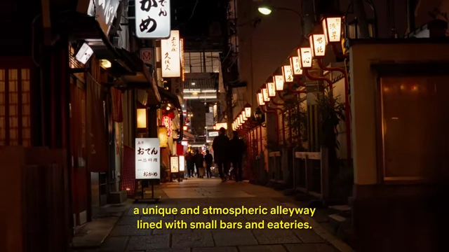 An atmospheric, narrow alleyway in Hozenji Yokocho, illuminated by traditional lanterns and soft lights, leading to small bars and eateries.
