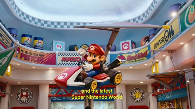 A view of the immersive Super Nintendo World at Universal Studios Japan, featuring the vibrant Bowser's Castle and the Mario Kart: Koopa's Challenge ride.
