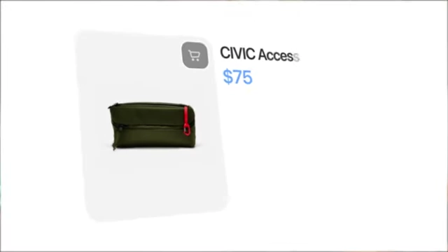 On-screen graphic describing the CIVIC Access Pouch and its price