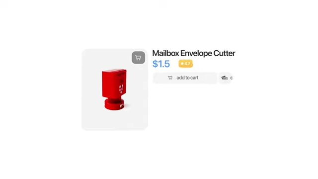 On-screen graphic describing the Mailbox Envelope Cutter and its price