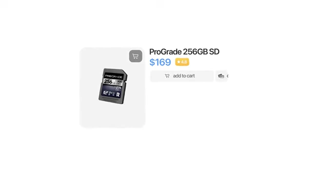 On-screen graphic describing the ProGrade 256GB SD card and its price