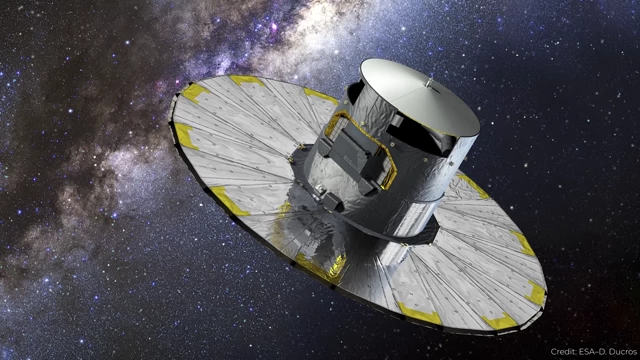 Artist's impression of the Gaia spacecraft against the backdrop of the Milky Way, responsible for precise astrometric measurements of over a billion stars.