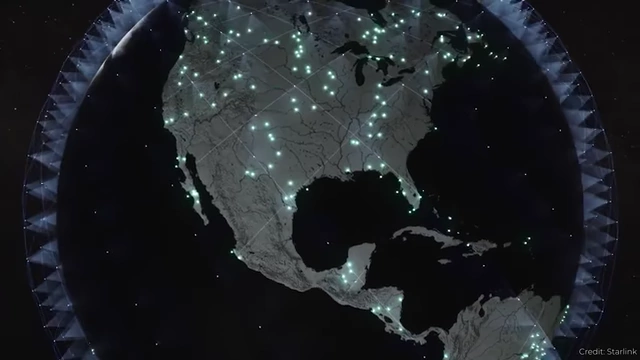 An animation showing a vast network of Starlink satellites providing coverage over North America, illustrating the scale of mega-constellations.
