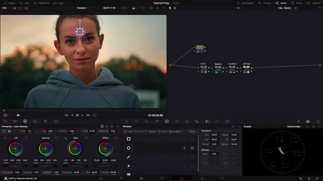 DaVinci Resolve interface with a circular mask on the subject's skin.