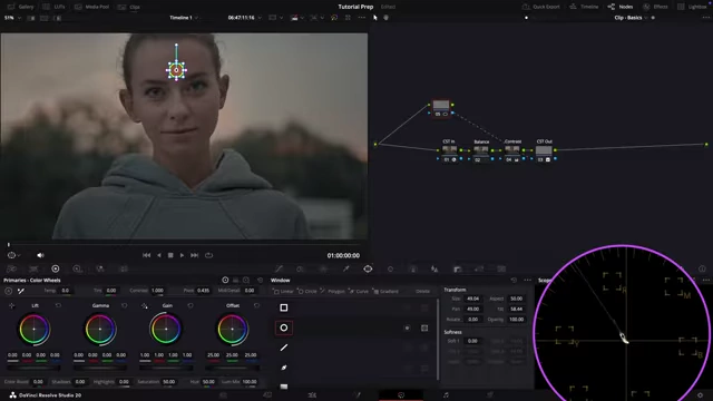 Vector scope displaying the isolated skin tone accurately aligned with the skin tone indicator line.