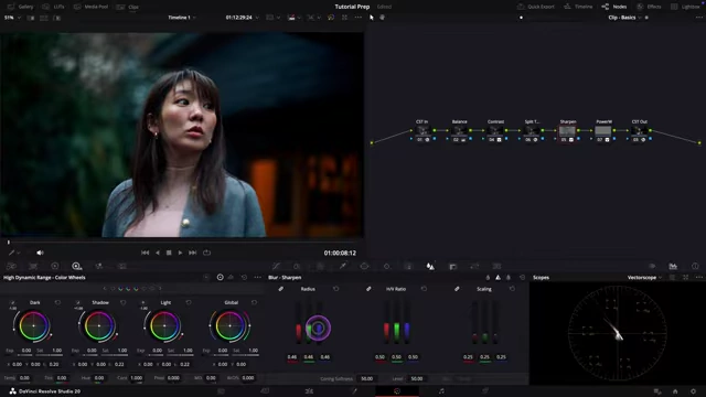 DaVinci Resolve interface showing blur/sharpen panel with an image after enhancing highlight sharpness.