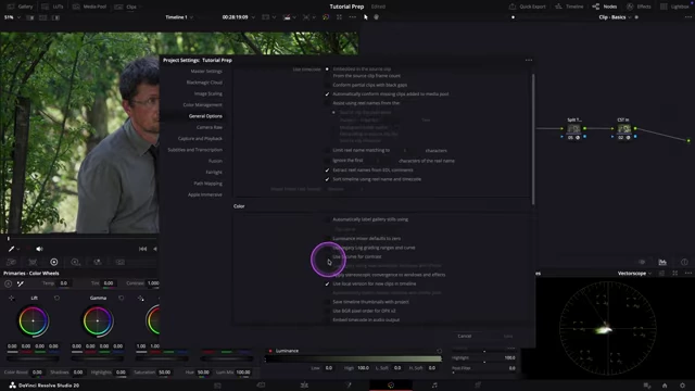 DaVinci Resolve Project Settings window with "Use S-Curve for Contrast" option highlighted.