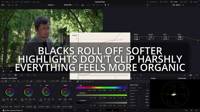 Graph explaining that blacks roll off softer, highlights don't clip harshly, and everything feels more organic with the S-curve enabled.