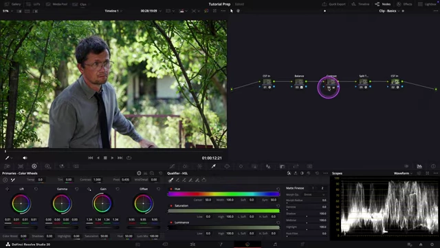 DaVinci Resolve interface showing waveform scope and the image with filmic S-curve contrast applied.