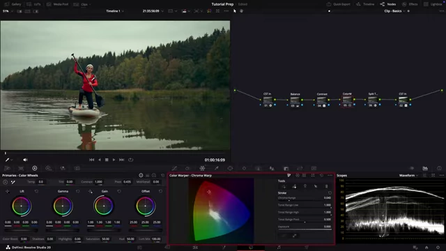 Color Warper interface with a specific hue selected (red outfit) and a pinpoint locking the skin tone.