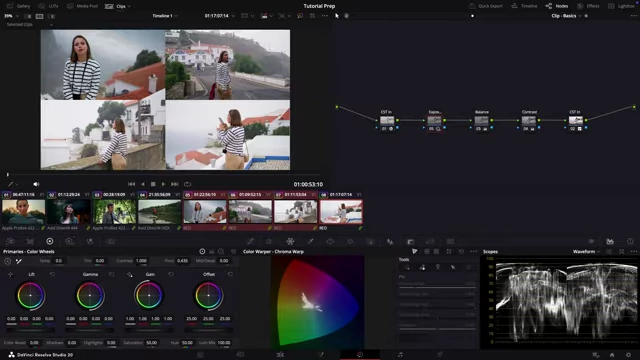 DaVinci Resolve's split-screen mode displaying four selected clips side-by-side for shot matching.