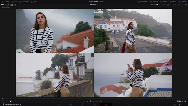 The four clips shown in split-screen mode after adjustments, now appearing unified.