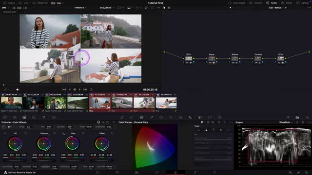 DaVinci Resolve's split-screen mode with a specific clip selected for adjustment.