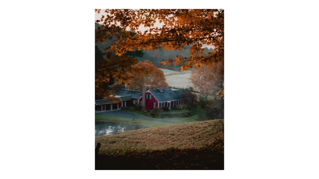 A red house framed by autumn leaves and a pond, showcasing a unique composition of a Vermont farm