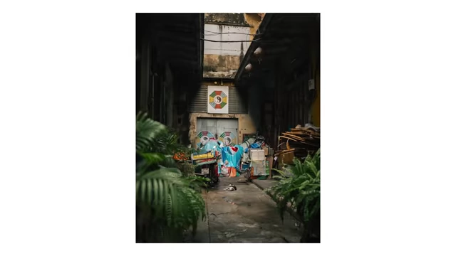 A narrow alleyway in Bangkok filled with greenery, discarded items, and a sleeping cat, showing depth and atmosphere