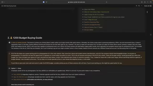 A screenshot of a photography gear buying guide document, outlining different budget options and recommended equipment