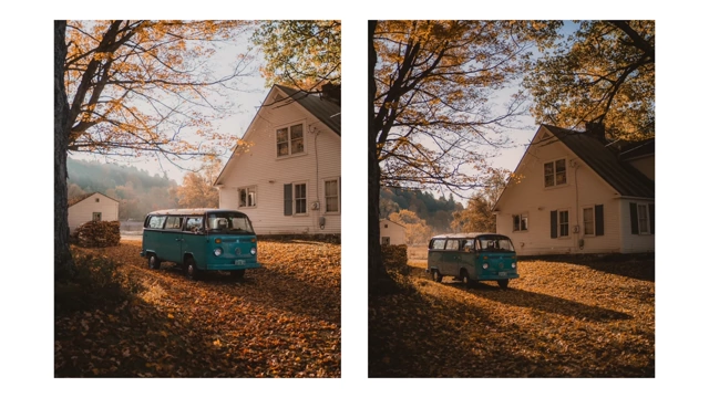 A side-by-side comparison of two photos of a blue vintage van parked in front of a white house with autumn leaves, demonstrating different compositions