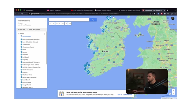 A map view of Ireland with multiple pinned locations for planning a road trip
