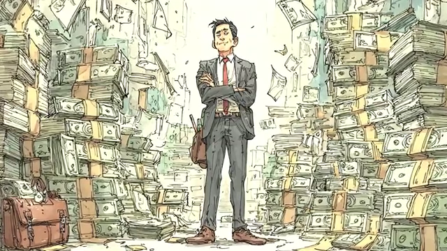 Man standing confidently amidst huge piles of money