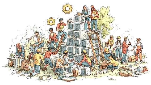Community members collaborating to build structures