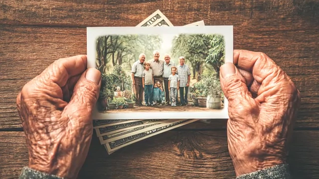Old hands holding a family photo over money, symbolizing intergenerational connection and wealth