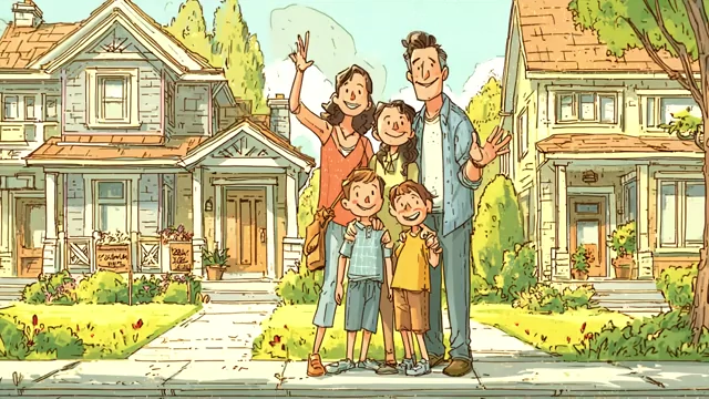 Nuclear family posing proudly in front of their single-family home