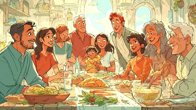 Large, happy multi-generational family gathered around a dining table
