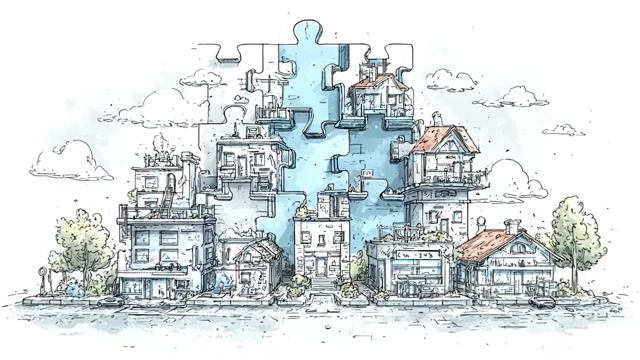 Jigsaw puzzle of interconnected buildings and houses