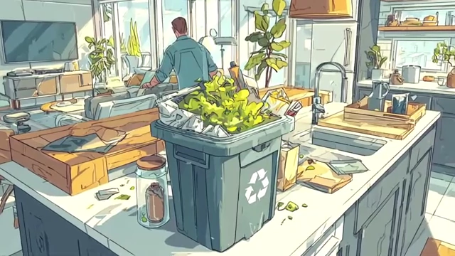 Overflowing recycling bin in a home setting