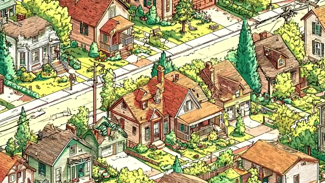 Dense residential area with individual houses and green spaces