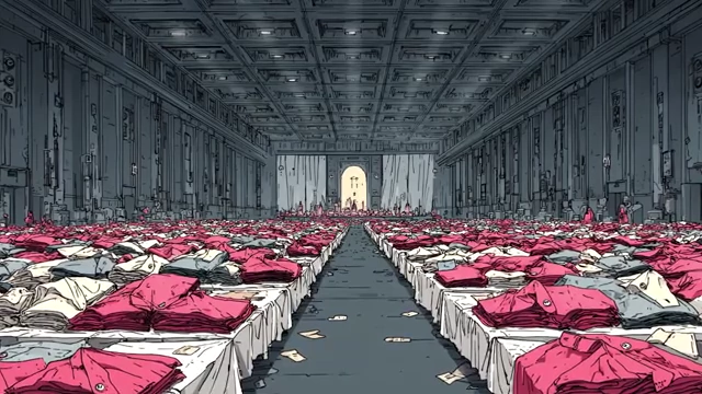 Large room filled with organized clothing, representing a clothing library