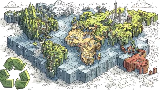 World map made of puzzle pieces with recycling symbols, representing global environmental services