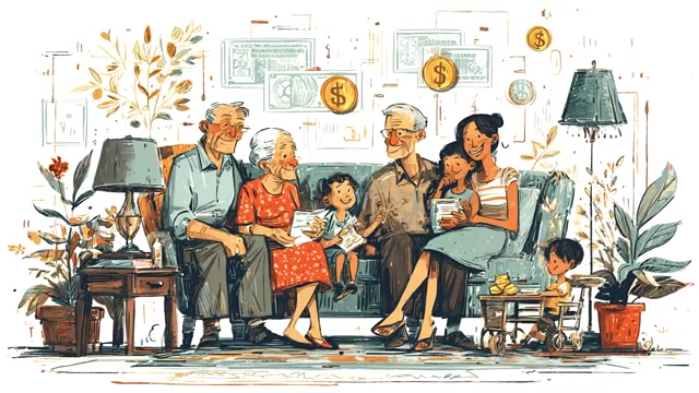Multi-generational family sitting together with money illustrations