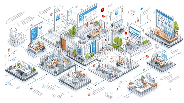 Isometric view of a multi-room house with individuals working in shared spaces