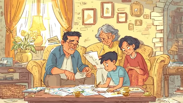 Multi-generational family reviewing financial documents and coins together