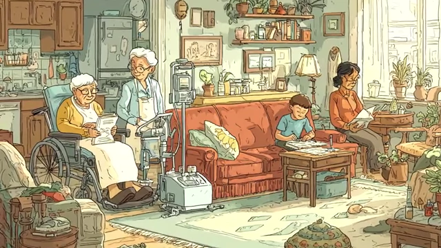 Living room scene depicting multiple generations interacting and receiving care