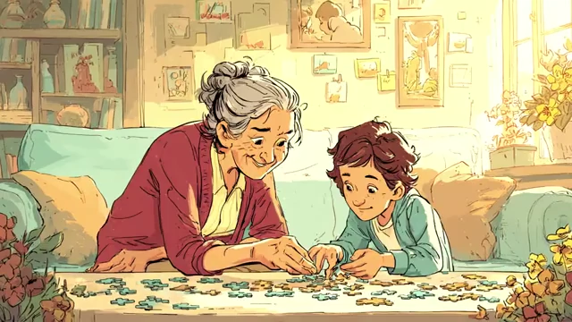Elderly woman and child doing a puzzle, symbolizing connection