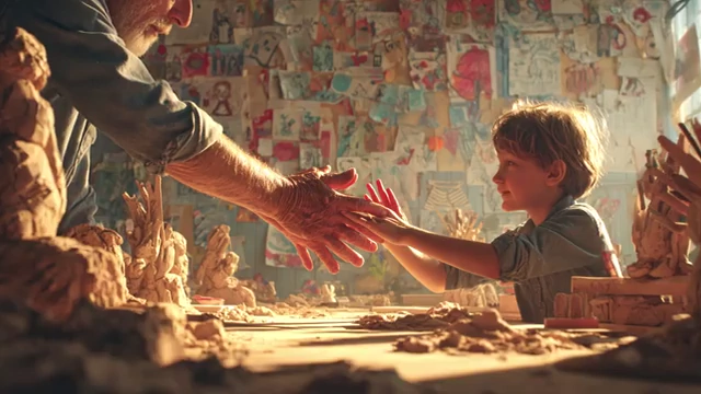 An elderly man and a child making art together