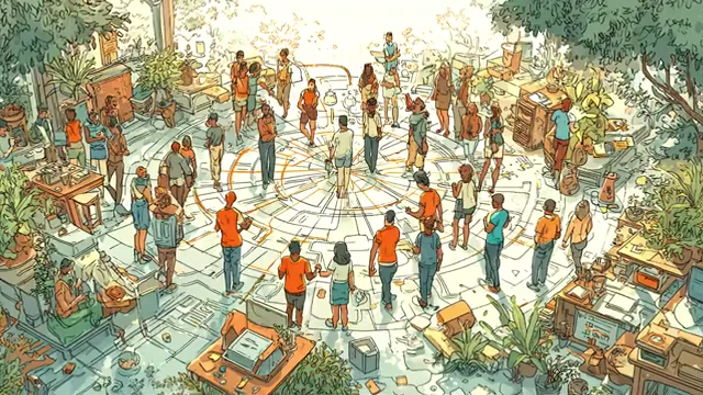 A diverse group of people standing in a circle, symbolizing collective identity