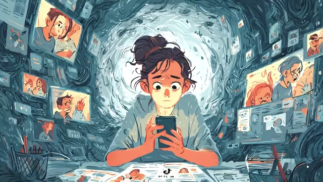 Stressed woman surrounded by multiple screens and digital content