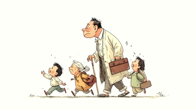 Middle-aged adult leading elderly and young children, symbolizing the sandwich generation